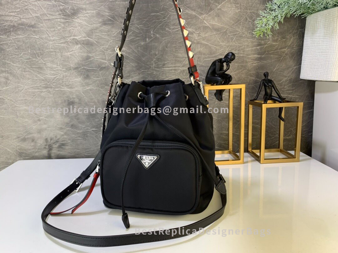 Prada Bicolor Black Mini Nylon Bucket Bag With Leather And Studs SHW 038